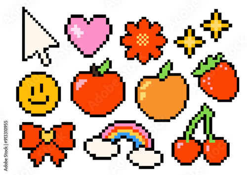 Set of illustrations in the pixel art style. Vector 8-bit apple, bow, smile, peach, rainbow, flower, and sparkle. Retro wave style. Retro game. Vintage computer video arcades. Isolated on white.