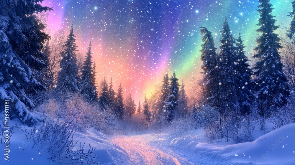 A snow-covered path through a forest, with the Northern Lights creating a colorful sky above A snow-covered path through a forest, with the Northern Lights creating a colorful sky above