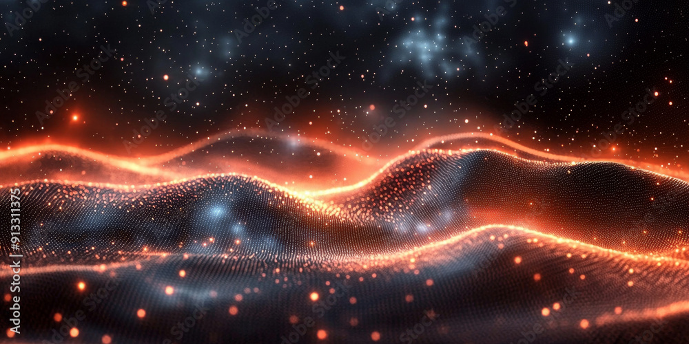 Abstract glowing dots and lines creating a digital landscape on a dark backdrop, embodying the concept of data flow