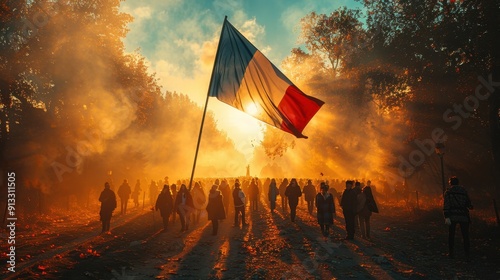 Happy Bastille Day. The French flag is flying at sunset photo