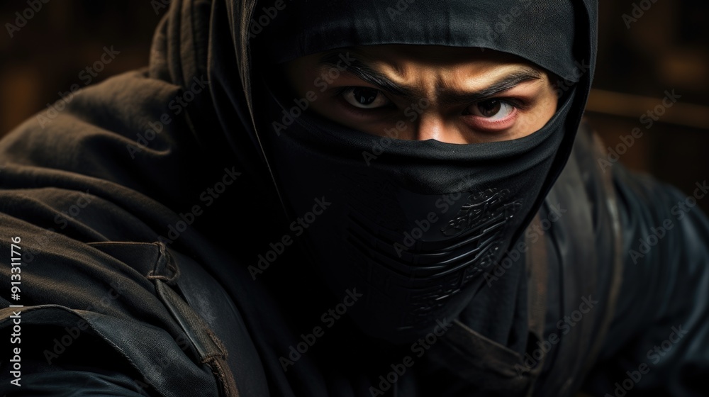 Stealthy persona - portrait ninja showcasing skilled and secretive combatant, emphasizing precision and discipline of a hidden warrior, and illustrating silent intensity and enigmatic aura of ninja. Stealthy persona - portrait ninja showcasing skilled and secretive combatant, emphasizing precision and discipline of a hidden warrior, and illustrating silent intensity and enigmatic aura of ninja.