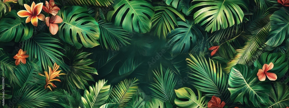 A lush green jungle with a variety of flowers, including red and yellow ones. A lush green jungle with a variety of flowers, including red and yellow ones.