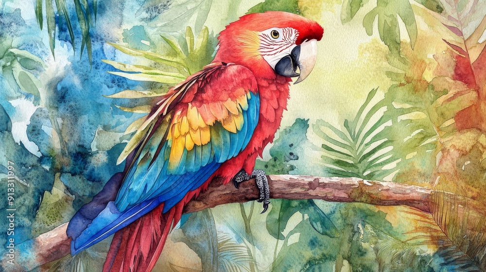 Obraz premium A watercolor portrait of a parrot perched on a branch, with vibrant feathers and lush jungle foliage behind