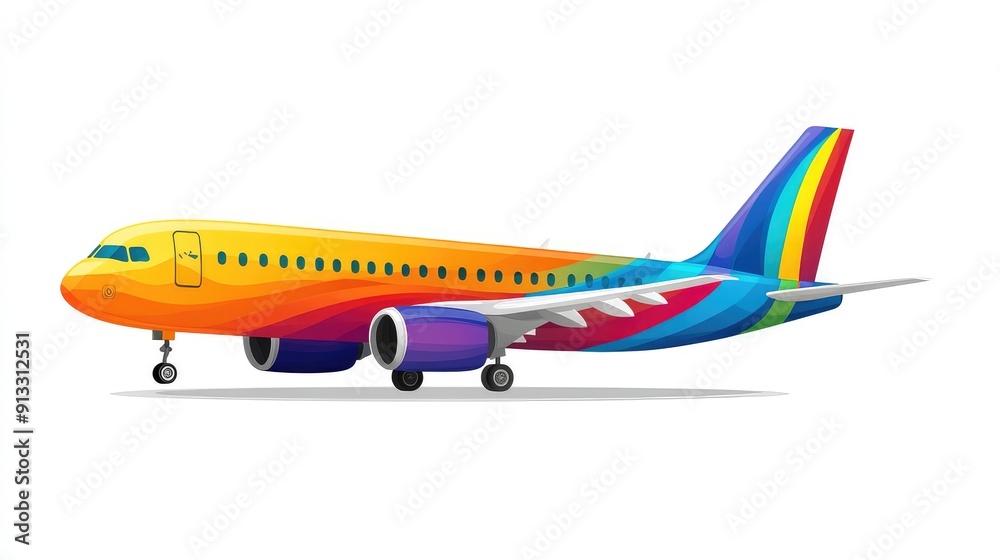 Vibrant Cartoon Airplane with Colorful Stripes Soaring in the Sky - Perfect for Children’s Illustrations, Educational Materials, and Fun Designs