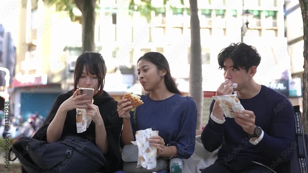 Taiwanese male and female students in their 20s and a South Asian female student sitting together on a bench near a university in Da’an District, Taipei City, Taiwan, enjoying waffles. 