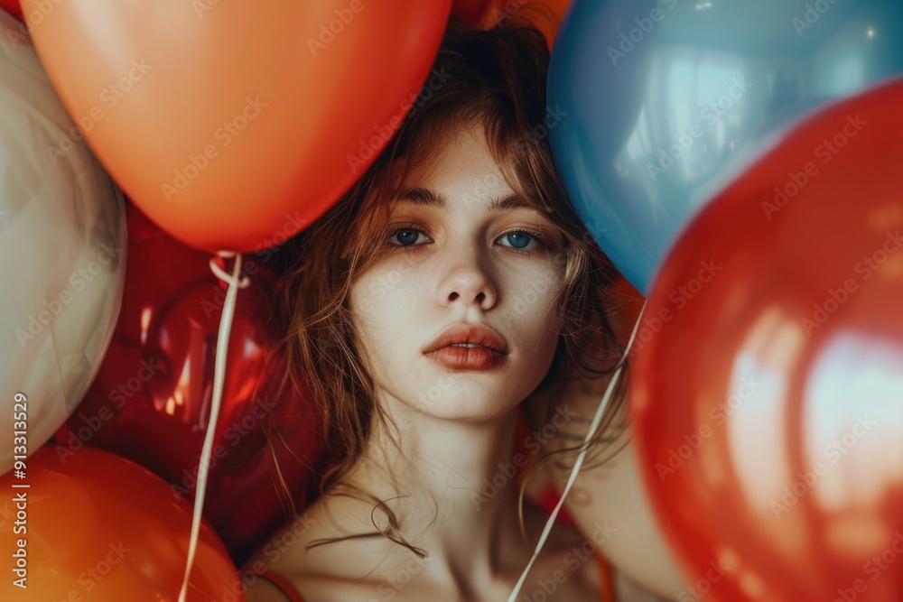 A woman stands with a bunch of balloons in front of her, ready for celebration or surprise A woman stands with a bunch of balloons in front of her, ready for celebration or surprise