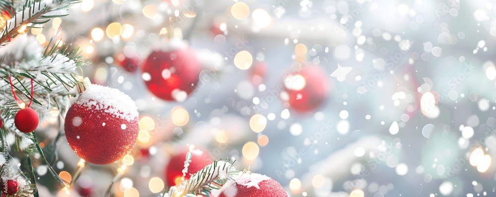 Red Christmas balls on fir branch in snow on blurred lights background. Concept for Christmas, New Year, winter holidays. Banner with copy space. Christmas decorations. Close up of shiny glass baubles Red Christmas balls on fir branch in snow on blurred lights background. Concept for Christmas, New Year, winter holidays. Banner with copy space. Christmas decorations. Close up of shiny glass baubles