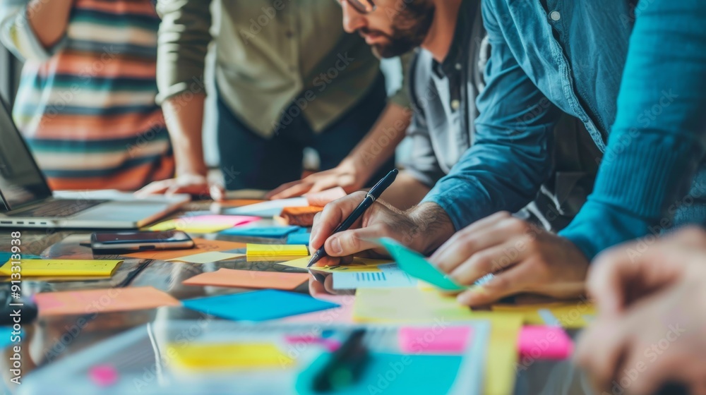 Teamwork in action. Diverse business team collaborating on a project, brainstorming ideas using sticky notes and laptops. Teamwork in action. Diverse business team collaborating on a project, brainstorming ideas using sticky notes and laptops.