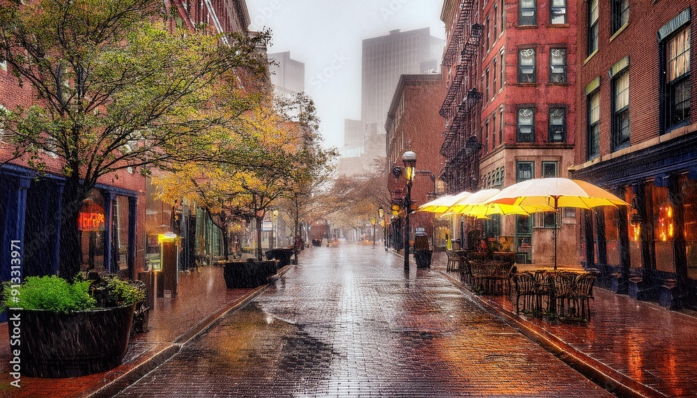 Fototapeta premium A cozy cafe in Boston on a rainy Sunday morning. The serene atmosphere is enhanced by a gentle mist, creating a refreshing and peaceful ambiance perfect for a relaxing start to the day.