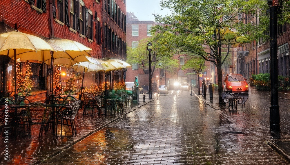 Fototapeta premium A cozy cafe in Boston on a rainy Sunday morning. The serene atmosphere is enhanced by a gentle mist, creating a refreshing and peaceful ambiance perfect for a relaxing start to the day.