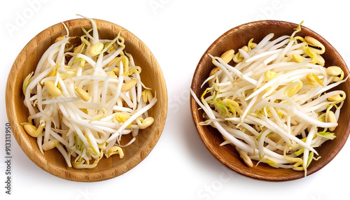 bean sprouts in wooden bowl isolated on white background