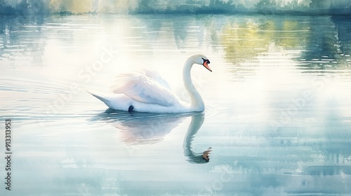 Fototapeta Naklejka Na Ścianę i Meble -  A watercolor painting of a beautiful swan gliding across a tranquil lake, with reflections on the water