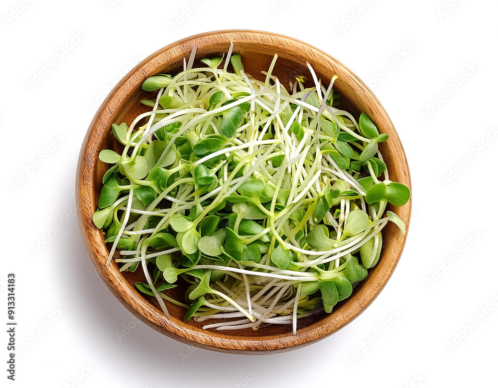 Sprouts in wooden bowl isolated on white background Sprouts in wooden bowl isolated on white background
