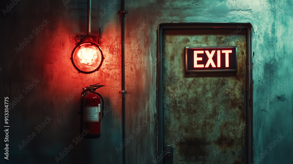 fire alarm and distinguisher, exit sign and fire door, architecture and building interior. fire alarm and distinguisher, exit sign and fire door, architecture and building interior.