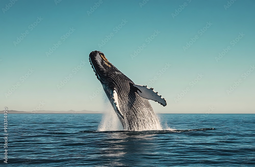 Fototapeta premium A humpback whale breaches the surface of the ocean, with a clear blue sky above.