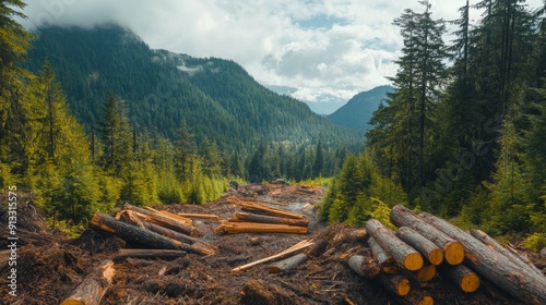 Logs are stacked in a valley surrounded by towering trees and mountains, capturing a moment of logging in a lush forest.