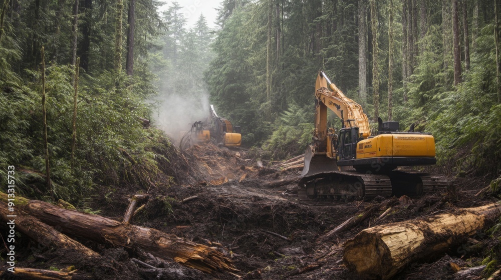 Heavy machinery works diligently to clear a muddy forest trail surrounded by tall trees and dense fog. Heavy machinery works diligently to clear a muddy forest trail surrounded by tall trees and dense fog.
