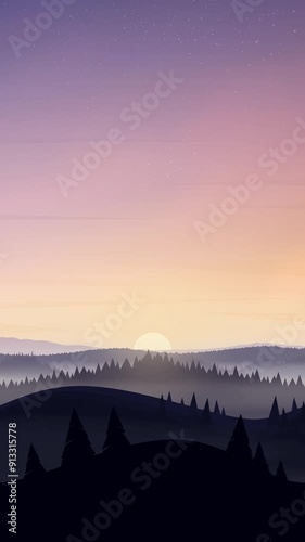 Misty valley with sunset and starry sky in illustration vertical looping animation abstract background
