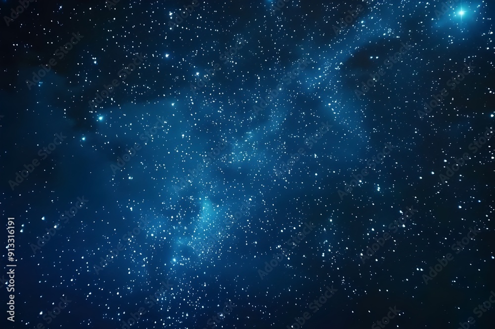 Obraz premium Starry sky background, blue night sky full of stars, glowing stars in the dark space, starry background, dark night, stars in the distance, starlight, dark background with a blue glow, night sky.