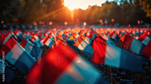 Happy Bastille Day. The French flag is flying at sunset photo