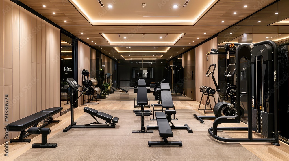 A modern gym with a sleek design and state-of-the-art equipment, featuring weight machines, benches, and a mirrored wall for observation and motivation. A modern gym with a sleek design and state-of-the-art equipment, featuring weight machines, benches, and a mirrored wall for observation and motivation.