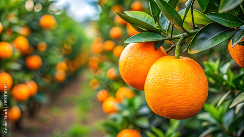 oranges on a branch with green leaves on tree. orange tree branches with ripe juicy fruits. natural fruit background outdoors. generative ai photo