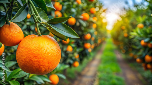 oranges on a branch with green leaves on tree. orange tree branches with ripe juicy fruits. natural fruit background outdoors. generative ai photo