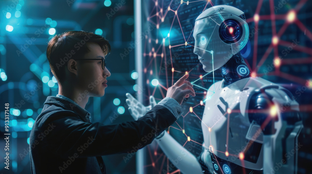 Man interacting with AI technology through a virtual chat interface, smart assistant, Chatbot, ChatGPT Man interacting with AI technology through a virtual chat interface, smart assistant, Chatbot, ChatGPT