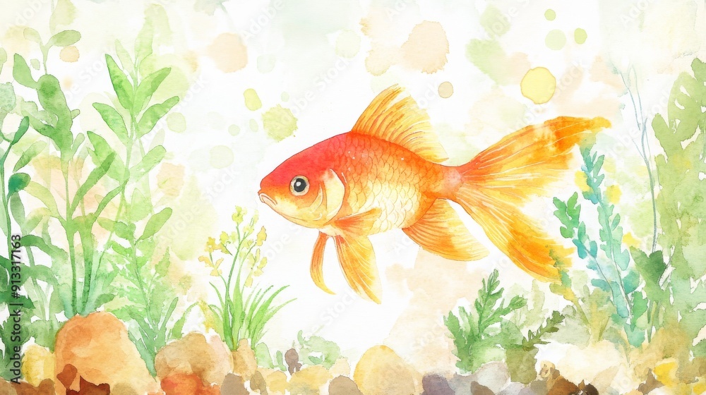 Naklejka premium A watercolor portrait of a calm fish swimming in a clear aquarium, with plants and decorations around