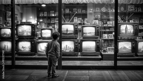 Boy Looking at Vintage TV Displays in a 1960s Storefront. Monochrome style - Generative AI