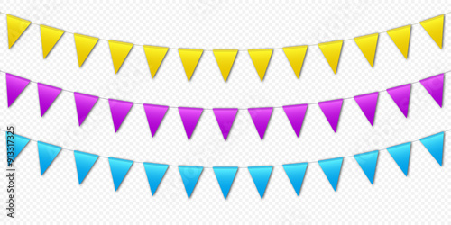 Colorful bunting flags, carnival party flags, festive pennants hanging on a rope. Festival vector decoration.