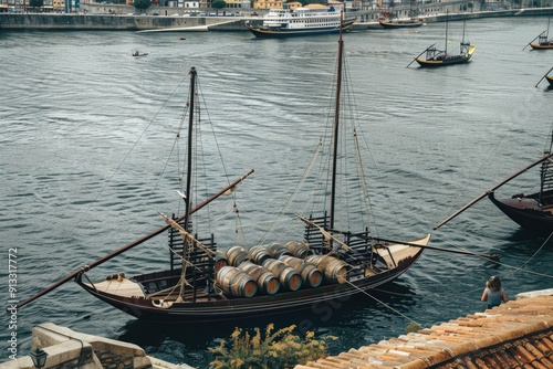 A group of boats floating on the surface of the water, suitable for use in scenes related to recreation or transportation photo