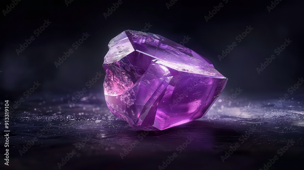 A large, purple crystal sits on a dark surface, reflecting light and casting a shadow. A large, purple crystal sits on a dark surface, reflecting light and casting a shadow.