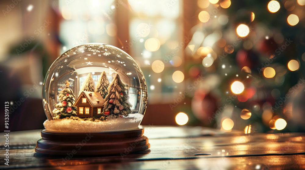 snow globe on wooden table with an interior scene of a cozy house, surrounded by trees and lights. snow globe on wooden table with an interior scene of a cozy house, surrounded by trees and lights.