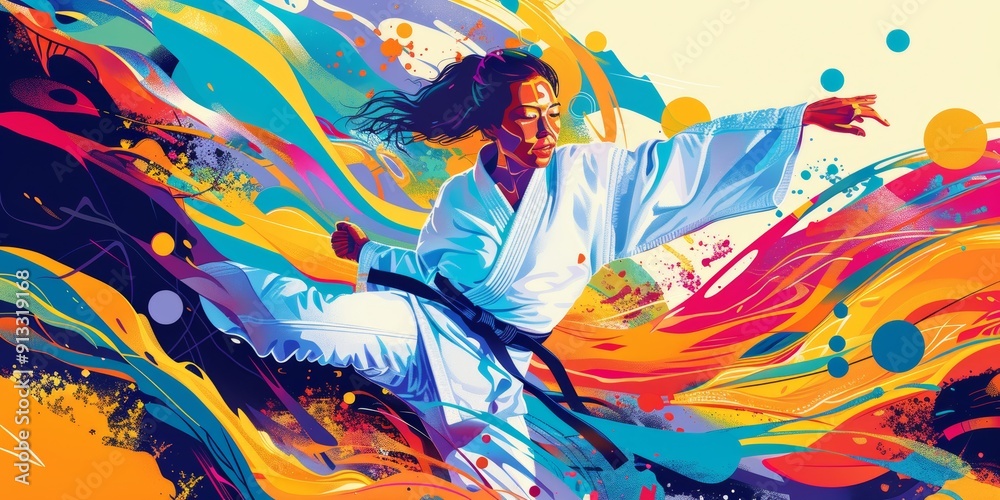 Fototapeta premium Vibrant Judo Match: A Japanese Woman in Action