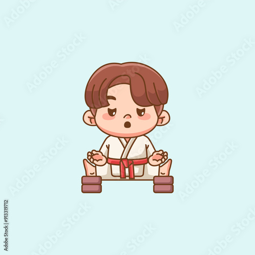 Cute little man training Karate martial art chibi kawaii character mascot sport Icon