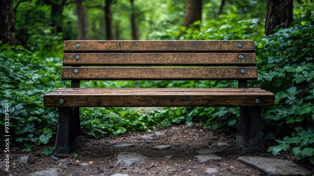 Wooden bench in lush green forest. Perfect for showcasing peace, solitude, or nature themes. Wooden bench in lush green forest. Perfect for showcasing peace, solitude, or nature themes.
