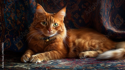 Elegant Ginger Somali Cat Posing Gracefully on Ornate Persian Rug in Luxurious Traditional Setting photo