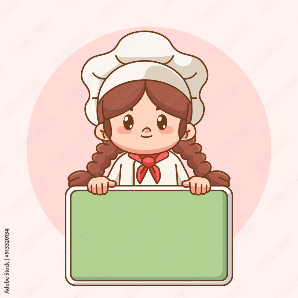 Cute girl chef cook hold blank space board banner kawaii chibi character mascot restaurant cafe logo Cute girl chef cook hold blank space board banner kawaii chibi character mascot restaurant cafe logo