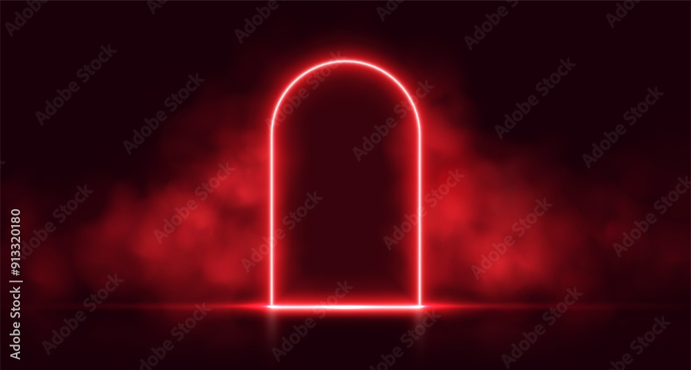 Neon door with smoke, red glowing portal, futuristic arch gate, magic border with vapor. Vector illustration. Neon door with smoke, red glowing portal, futuristic arch gate, magic border with vapor. Vector illustration.