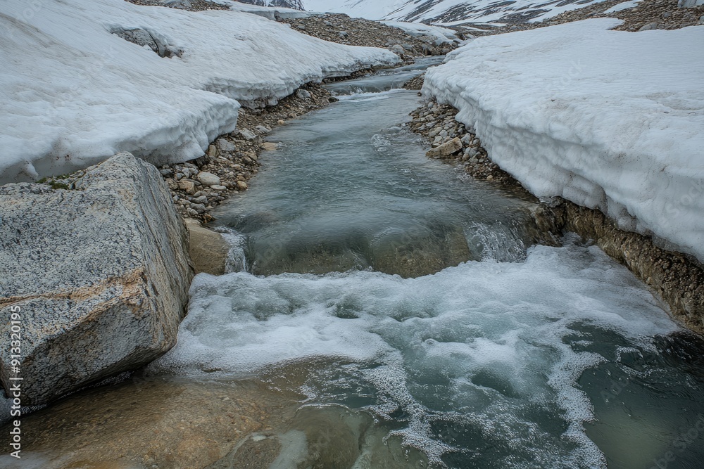 A glacial stream flows through a snowy landscape. This image can be used to represent the melting of glaciers and the effects of climate change. A glacial stream flows through a snowy landscape. This image can be used to represent the melting of glaciers and the effects of climate change.