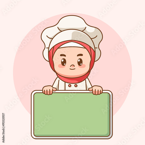 Cute hijab girl chef cook hold blank space board banner chibi kawaii character mascot restaurant cafe logo