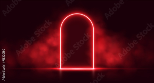 Neon door with smoke, red glowing portal, futuristic arch gate, magic border with vapor. Vector illustration.