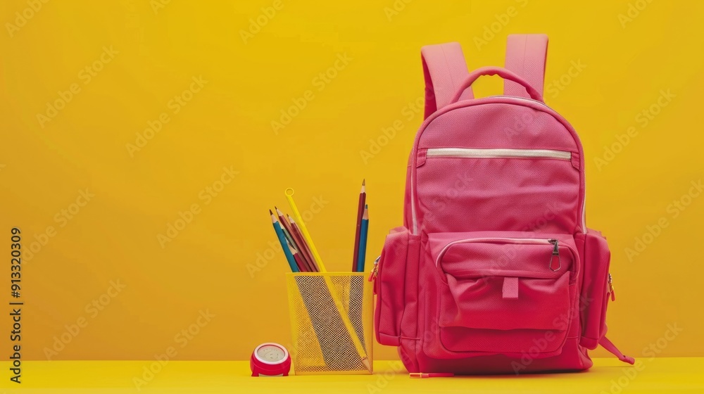 School bag. Backpack with protractors for school on yellow background generative ai School bag. Backpack with protractors for school on yellow background generative ai