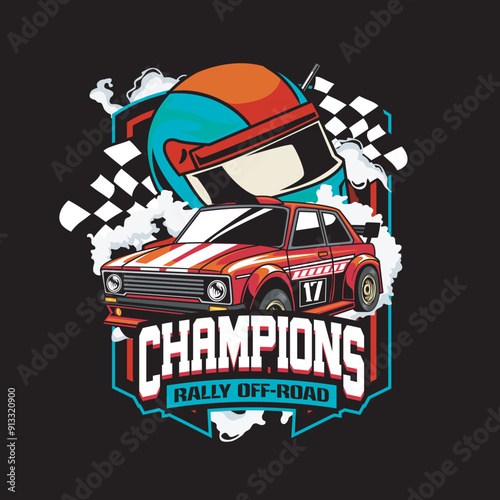 Vector Illustration of Rally Car with Racing Flags and Helmet in Vintage Illustration Available for Tshirt Design