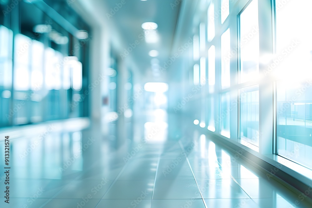 Blurred background of a hospital corridor with panoramic windows and a white ceiling, interior of a modern medical center or clinic hall with empty space. Abstract blurred background of an office. Blurred background of a hospital corridor with panoramic windows and a white ceiling, interior of a modern medical center or clinic hall with empty space. Abstract blurred background of an office.