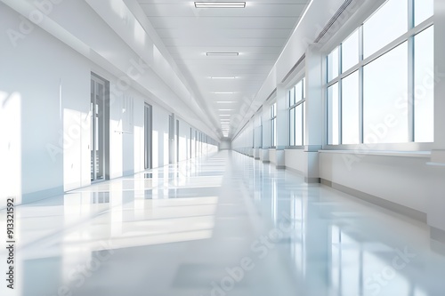 Blurred background of a hospital corridor with panoramic windows and a white ceiling, interior of a modern medical center or clinic hall with empty space. Abstract blurred background of an office.