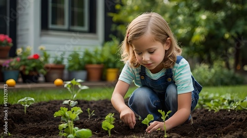 little girl planting vegetable on yard