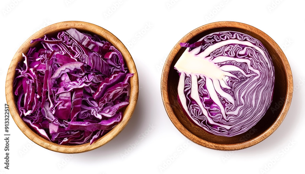 Fototapeta premium Red Cabbage in wooden bowl isolated on white background