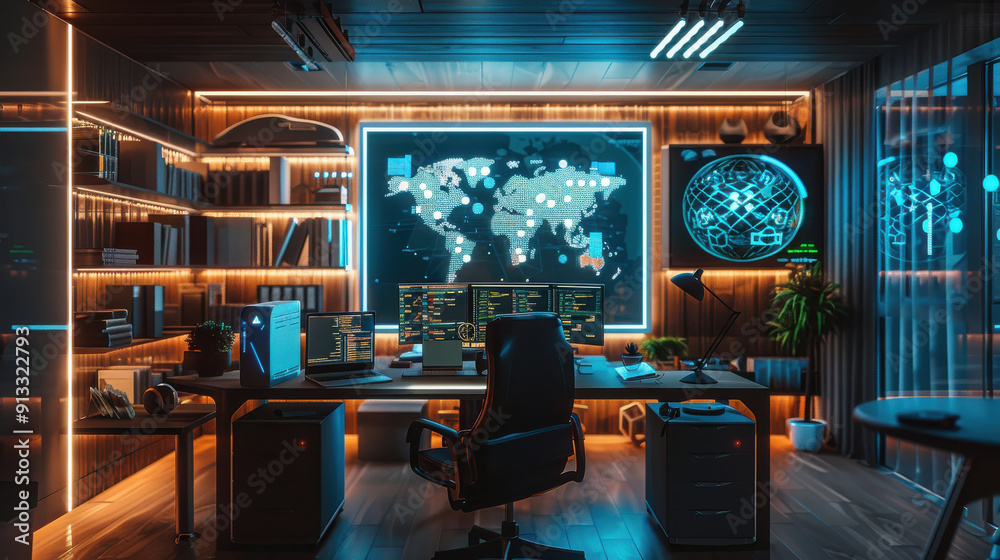 Office with smart lighting and automated systems.